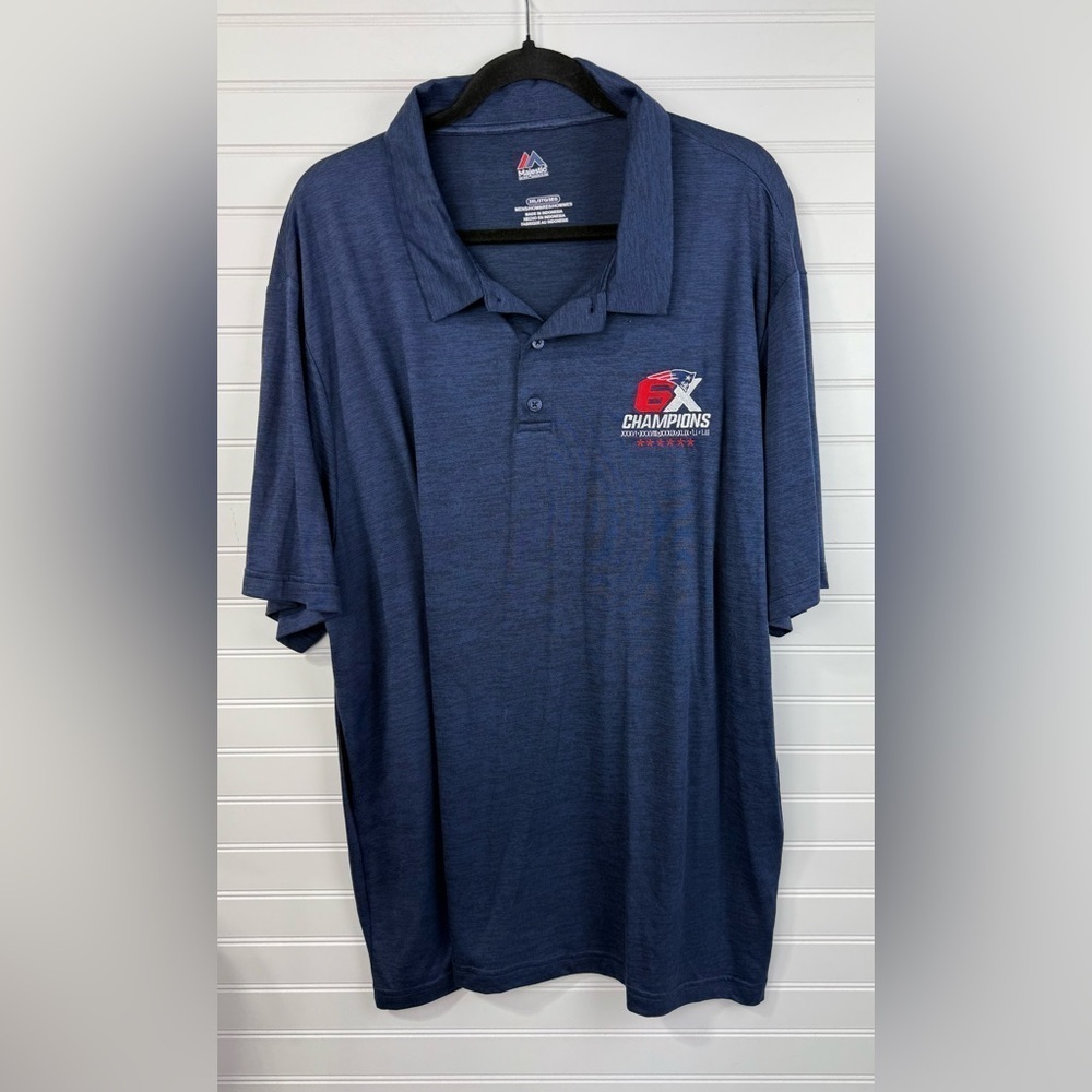 Patriots 6X Champions navy blue men’s lightweight polo shirt. Size 3XL
